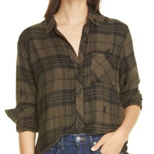 Plaid Flannel Jet Lining Rails Olive Green/Black Button-Down Shirt Women’s XS
